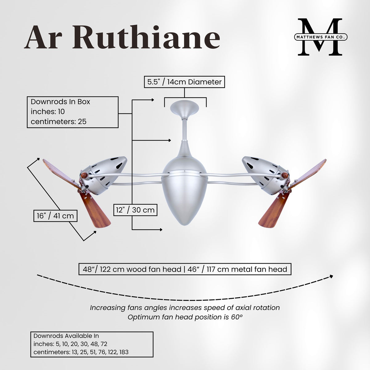 Matthews Fan Company Ar Ruthiane 48in Ceiling Fan | Brushed Nickel and Mahogany Wood | Living Room & Bedroom | 48 x 12 x 12 in | Model AR-BN-WD