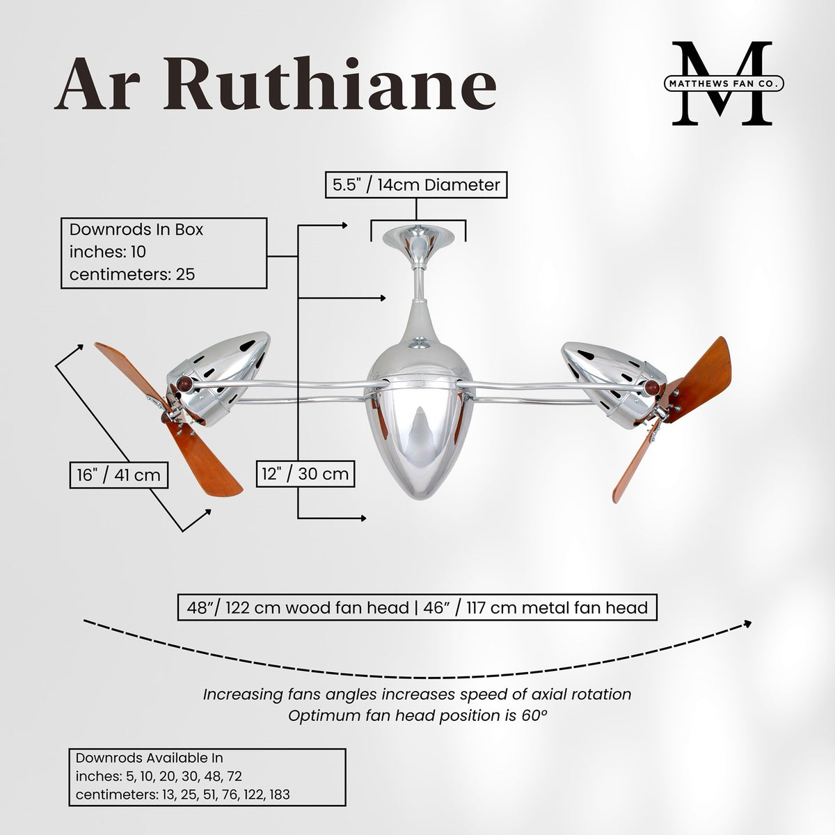 Matthews Fan Company Ar Ruthiane 48in Rotational Ceiling Fan | Chrome Steel and Mahogany Blades | Living Room & Bedroom | Model AR-CR-WD