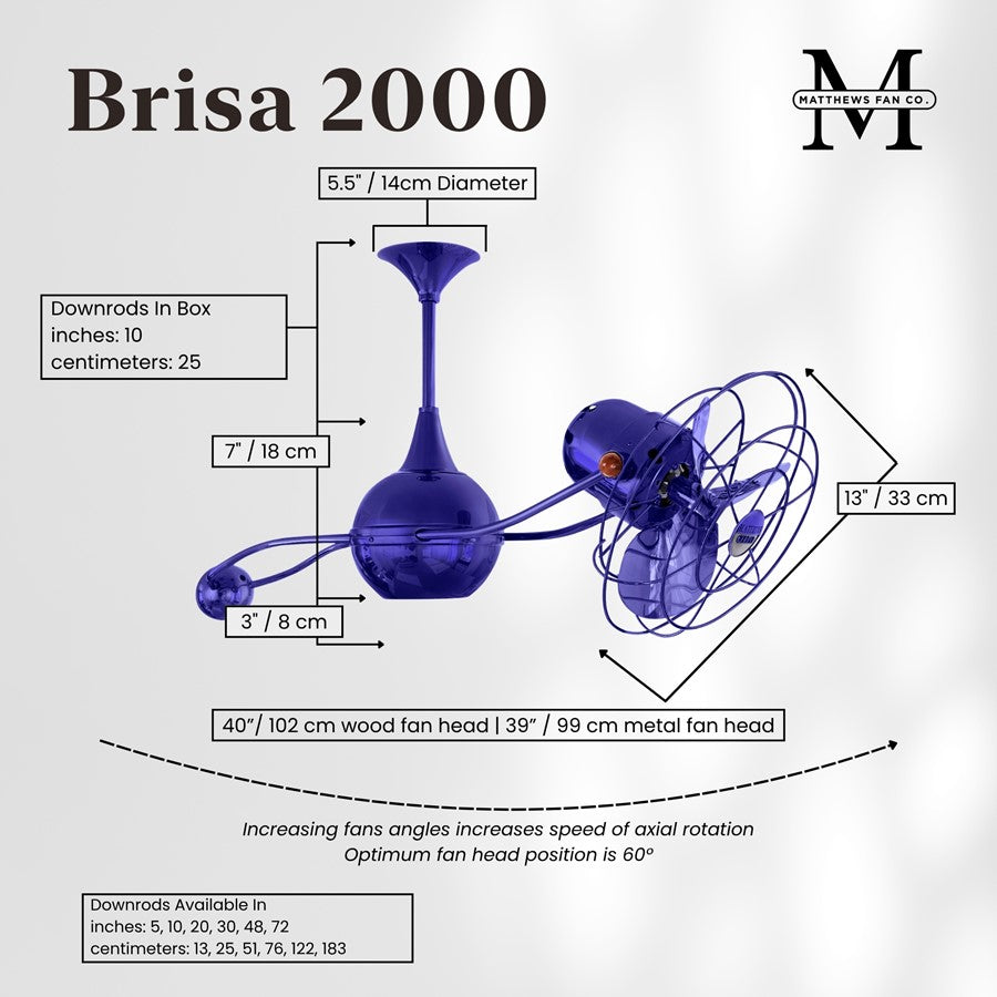 Matthews Fans Brisa 2000 39in Rotational Ceiling Fan | Contemporary Safira and Metal Blades | Covered Patio & Sunroom | Model B2K-BLUE-MTL