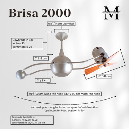 Matthews Fan Company Brisa 2000 40in Ceiling Fan | Brushed Nickel High Gauge Steel and Mahogany Wood | Living Room & Bedroom | Model B2K-BN-WD