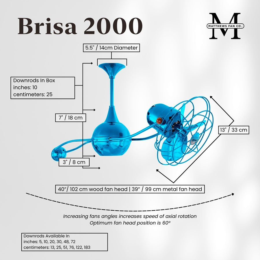Matthews Fans Brisa 2000 39in 3-Blade Ceiling Fan | Contemporary Agua Marinha and Metal Blade | Covered Patio & Sunroom | Model B2K-LTBLUE-MTL