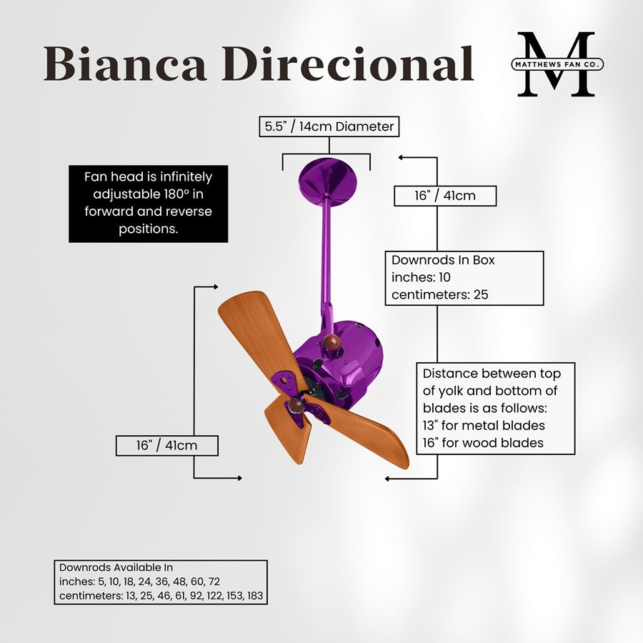 Matthews Fans Bianca Direcional 16in 3-Blade Ceiling Fan | Contemporary Ametista and Mahogany | Bedroom & Covered Patio | Model BD-LTPURPLE-WD
