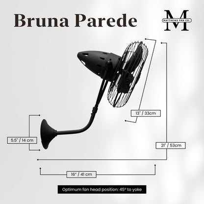 Matthews Fans Bruna Parede 13in 3-Blade Directional Wall Fan | Industrial Matte Black and Metal | Covered Patio & Sunroom | Model BP-BK-MTL