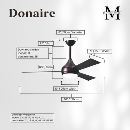 Matthews Fans Donaire 52in 3-Blade Ceiling Fan | Contemporary Brushed Bronze Stainless Steel | Living Room & Bedroom with LED Light | Model DA-BB-BB
