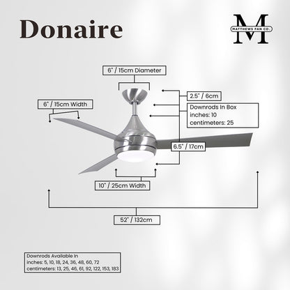 Matthews Fans Donaire 52in 1-Light Ceiling Fan | Contemporary Brushed Stainless and Brushed Stainless ABS | Coastal Wet Location | Model DA-BS-BS