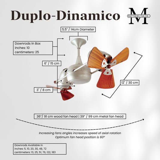 Matthews Fan Company Duplo Dinamico 36in Ceiling Fan | Brushed Nickel and Mahogany Wood | Living Room & Bedroom | 36 x 9 x 9 in | Model DD-BN-WD