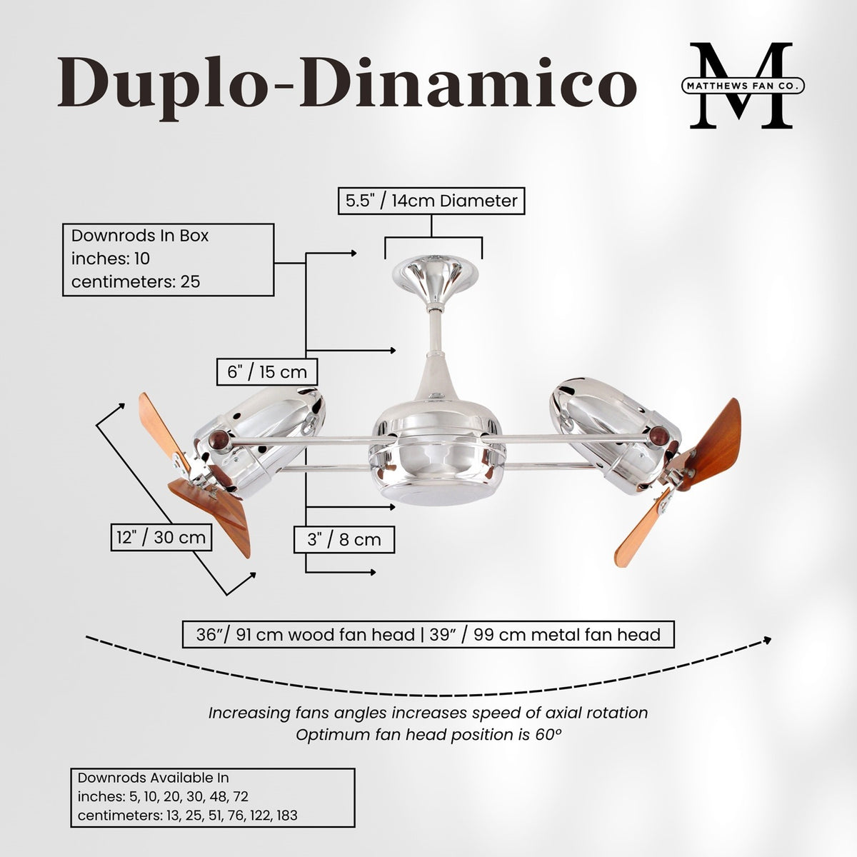 Matthews Fan Company Duplo Dinamico 36in Chrome Wood Ceiling Fan | Industrial Chrome Steel & Mahogany Blades | Living Room & Bedroom | Model DD-CR-WD