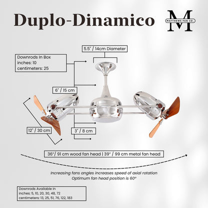 Matthews Fan Company Duplo Dinamico 36in Chrome Wood Ceiling Fan | Industrial Chrome Steel & Mahogany Blades | Living Room & Bedroom | Model DD-CR-WD