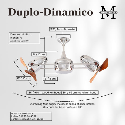 Matthews Fan Company Duplo Dinamico 36in Chrome Wood Ceiling Fan | Industrial Chrome Steel & Mahogany Blades | Living Room & Bedroom | Model DD-CR-WD