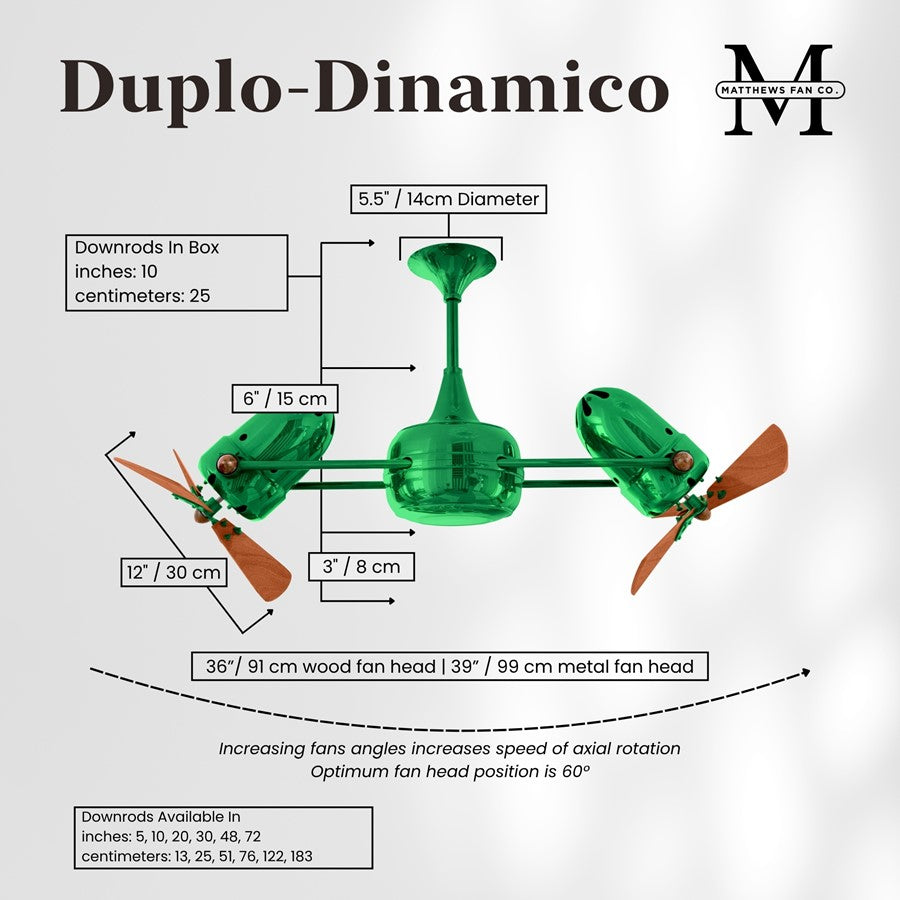 Matthews Fans Duplo-Dinamico 36in Rotational Ceiling Fan | Contemporary Esmeralda and Mahogany Wood | Living Room & Bedroom | Model DD-GREEN-WD