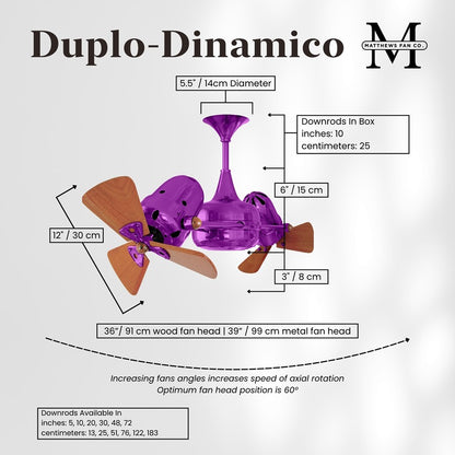 Matthews Fans Duplo Dinamico 36in Rotational Ceiling Fan | Contemporary Ametista and Mahogany Wood Blades | Living Room | Model DD-LTPURPLE-WD