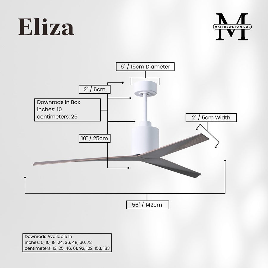 Matthews Fans Eliza 56in 3-Blade Ceiling Fan | Gloss White and Old Oak ABS Blades | Great Room & Covered Patio | 56 x 56 x 12 in | Model EK-WH-OO