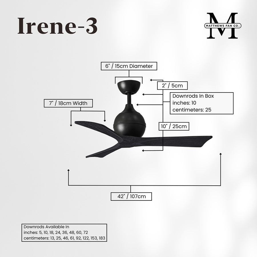 Matthews Fans Irene-3 42in 3-Blade Ceiling Fan | Matte Black Solid Wood Blades | Bedroom & Covered Patio | 42 x 42 x 12 in | Model IR3-BK-BK-42