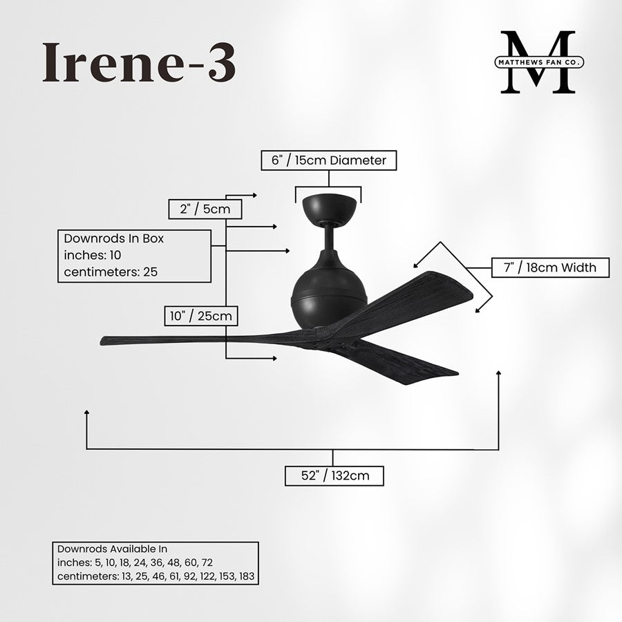 Matthews Fans Irene-3 52in 3-Blade Ceiling Fan | Matte Black Solid Wood Blades | Bedroom & Living Room | 52 x 52 x 12 in | Model IR3-BK-BK-52