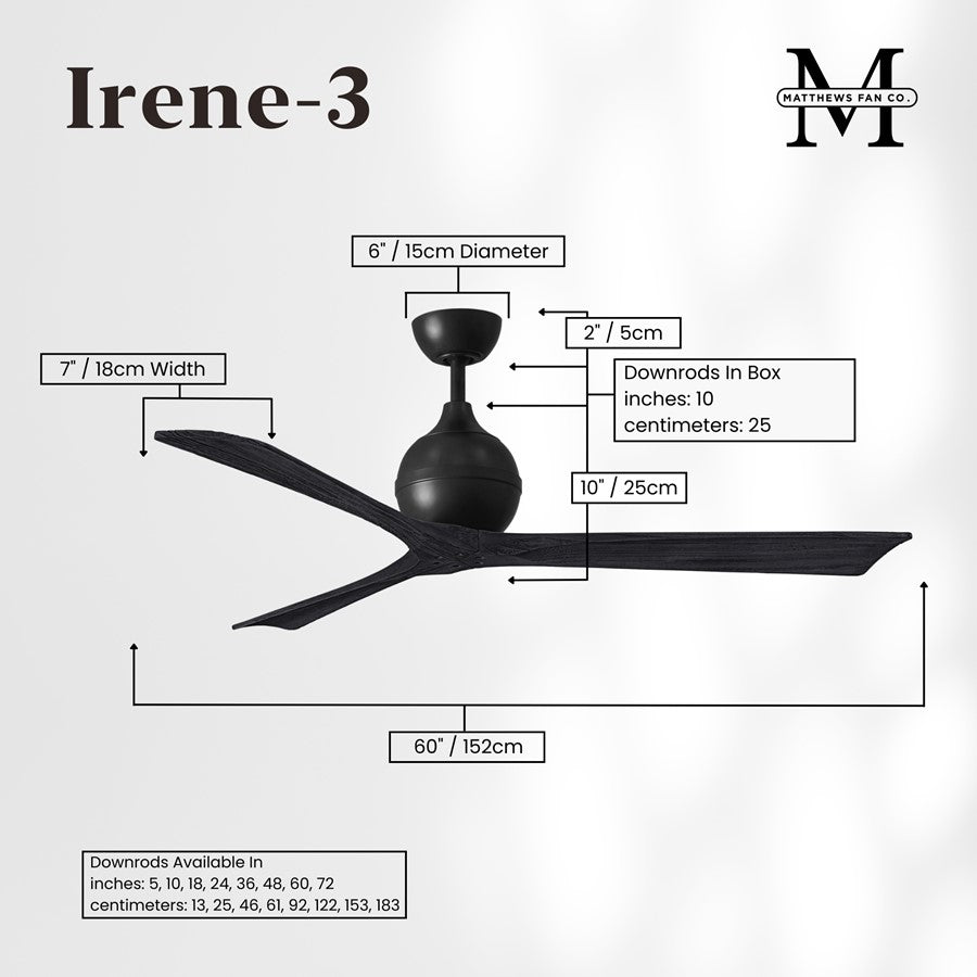 Matthews Fans Irene-3 60in 3-Blade Ceiling Fan | Matte Black Solid Wood Blades | Great Room & Basement | 60 x 60 x 12 in | Model IR3-BK-BK-60