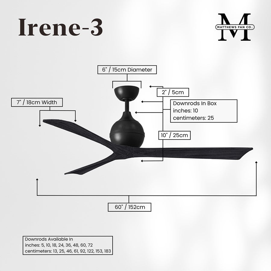 Matthews Fans Irene-3 60in 3-Blade Ceiling Fan | Matte Black Solid Wood Blades | Great Room & Basement | 60 x 60 x 12 in | Model IR3-BK-BK-60