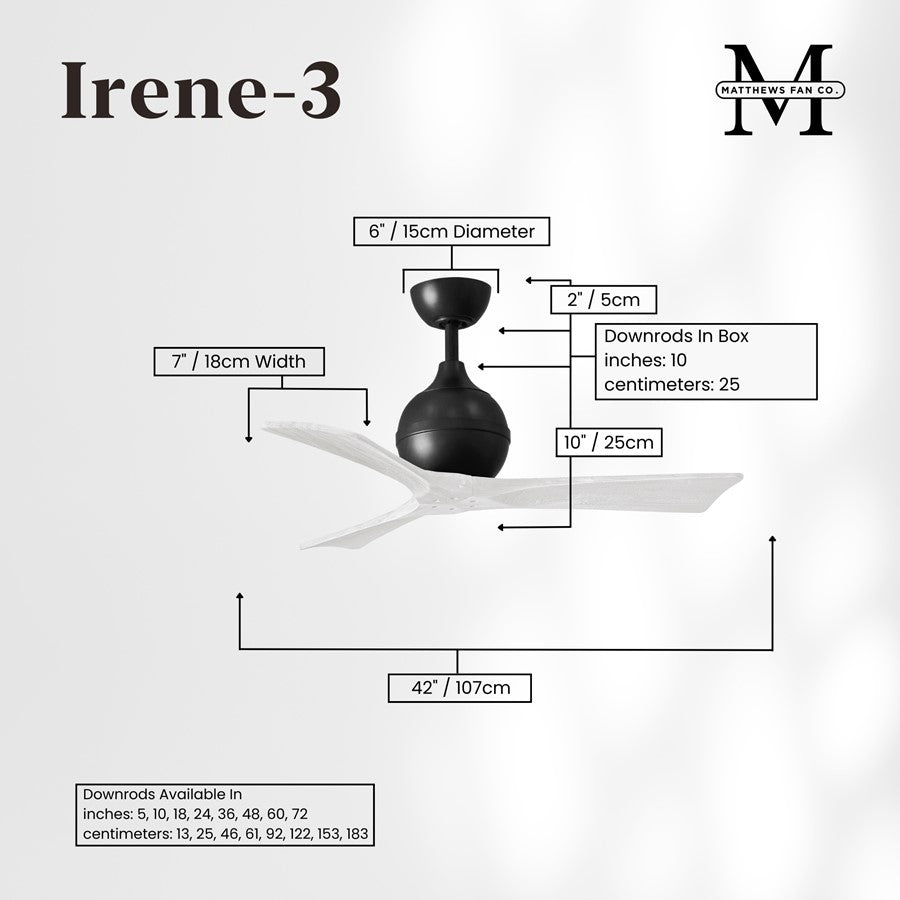 Matthews Fans Irene-3 42in 3-Blade Ceiling Fan | Contemporary Matte Black and Matte White Solid Wood | Bedroom & Home Office | Model IR3-BK-MWH-42