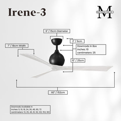 Matthews Fans Irene-3 60in 3-Blade Ceiling Fan | Matte Black and Matte White Solid Wood Blades | Covered Patio, Porch & Sunroom | Model IR3-BK-MWH-60