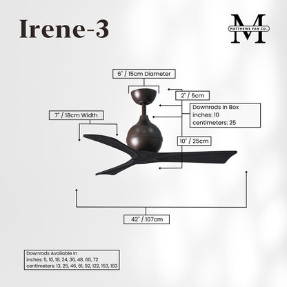 Matthews Fans Irene 3 42in 3-Blade Ceiling Fan | Textured Bronze Motor with Matte Black Solid Wood Blades | Bedroom & Kitchen | Model IR3-TB-BK-42
