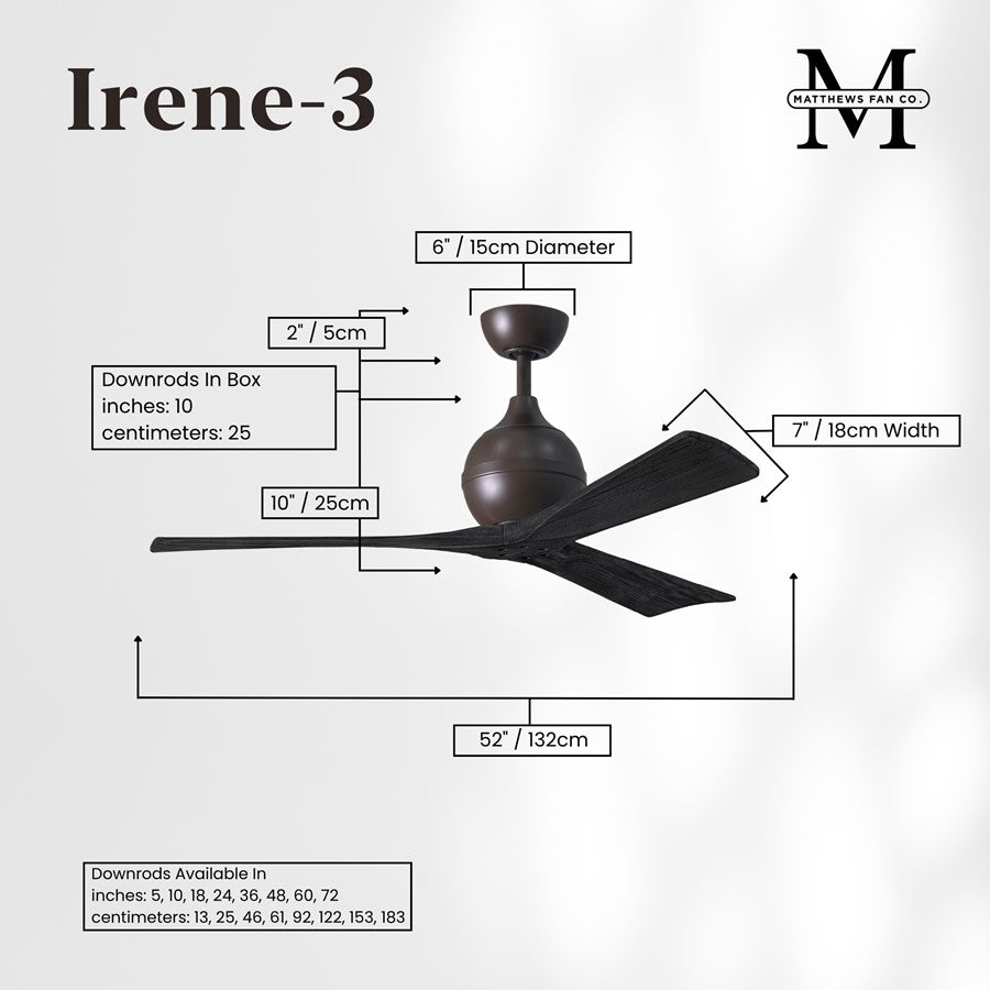 Matthews Fans Irene-3 52in 3-Blade Ceiling Fan | Textured Bronze and Matte Black Solid Wood | Bedroom & Living Room | Model IR3-TB-BK-52