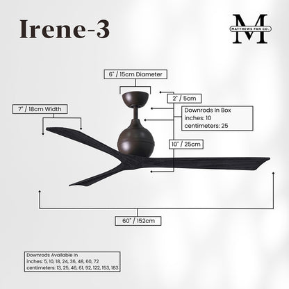 Matthews Fans Irene-3 60in 3-Blade Ceiling Fan | Textured Bronze and Matte Black Solid Wood | Great Room & Living Area | Model IR3-TB-BK-60