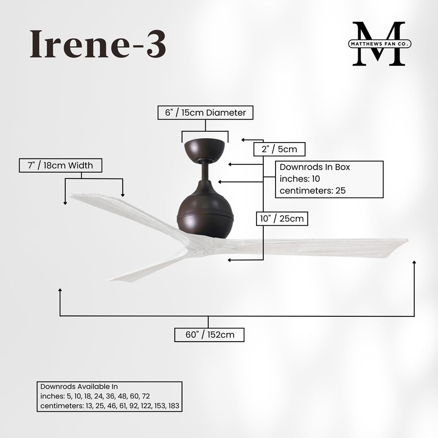 Matthews Fans Irene-3 60in 3-Blade Ceiling Fan | Contemporary Textured Bronze and Matte White Wood | Great Rooms & Basements | Model IR3-TB-MWH-60