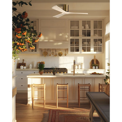 Matthews Fans Irene-3H 52in 3-Blade Flush Mount Ceiling Fan | Contemporary Brushed Brass and Matte White Wood | Bedrooms | Model IR3H-BRBR-MWH-52