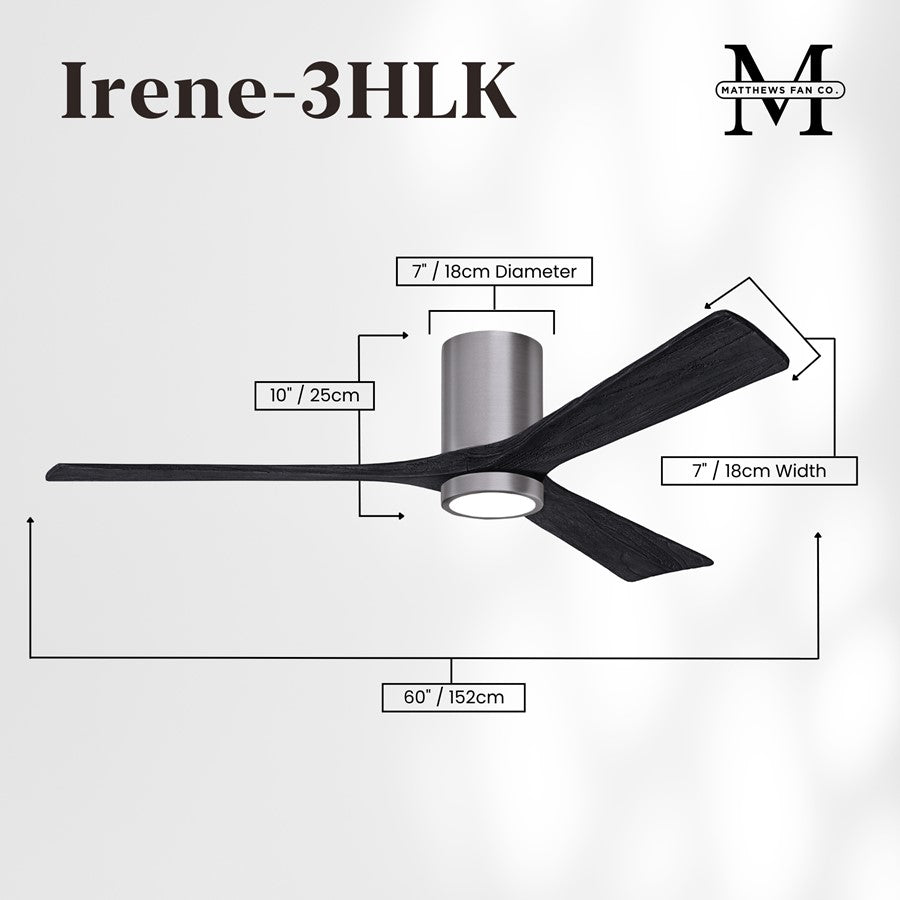 Matthews Fans Irene-3HLK 60in 3-Blade LED Ceiling Fan | Contemporary Brushed Nickel and Matte Black Solid Wood Blades | Great | Model IR3HLK-BN-BK-60