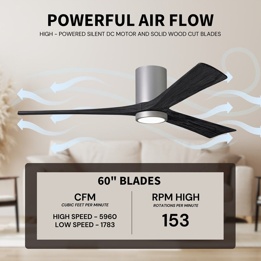 Matthews Fans Irene-3HLK 60in 3-Blade LED Ceiling Fan | Contemporary Brushed Nickel and Matte Black Solid Wood Blades | Great | Model IR3HLK-BN-BK-60