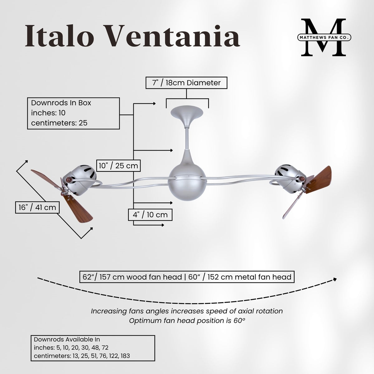 Matthews Fan Company Italo Ventania 62in Ceiling Fan | Brushed Nickel and Mahogany Wood Blades | Living Room & Bedroom | Model IV-BN-WD