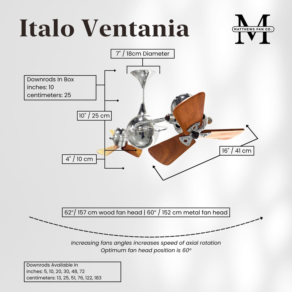Matthews Fan Company Italo Ventania 53in Chrome Wood Ceiling Fan | Handmade Steel with Mahogany Blades | Living Room & Bedroom | Model IV-CR-WD