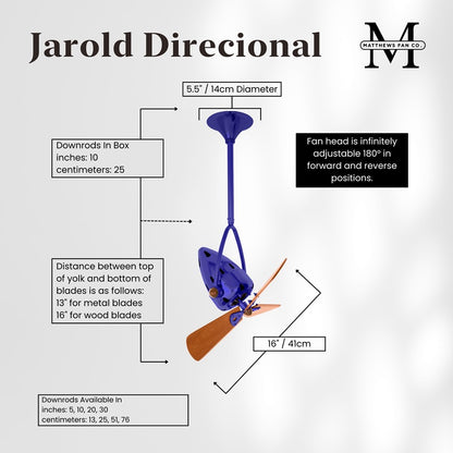 Matthews Fans Jarold 16in 3-Blade Directional Ceiling Fan | Contemporary Safira and Mahogany Wood Blades | Covered Patio & Sunroom | Model JD-BLUE-WD
