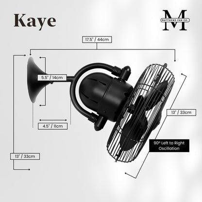 Matthews Fans Kaye 13in 3-Blade Oscillating Wall Fan | Matte Black Cast Aluminum | Covered Patio & Sunroom | 17.5 x 13 x 17.5 in | Model KC-BK