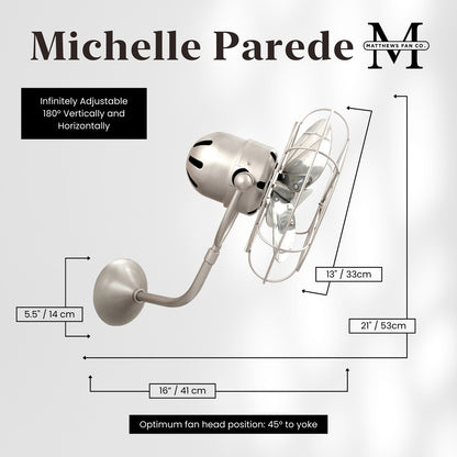 Matthews Fan Company Michelle Parede 19in Directional Wall Fan | Brushed Nickel Metal | Bedroom & Home Office | 13 x 20 x 16 in | Model MP-BN-MTL