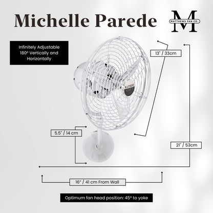 Matthews Fan Company Michelle Parede 19in Directional Wall Fan | Chrome Metal | Indoor Use | 13 x 20 x 16 in | Model MP-CR-MTL