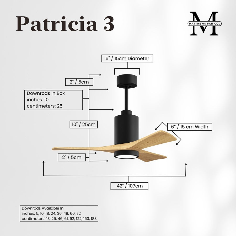 Matthews Fan Patricia 3 42in 3-Light LED Ceiling Fan | Matte Black and Light Maple Solid Wood Blades | Bedroom & Living Room | Model PA3-BK-LM-42