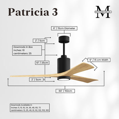 Matthews Fan Patricia 3 60in 3-Light LED Ceiling Fan | Matte Black and Light Maple Solid Wood Blades | Bedroom & Living Room | Model PA3-BK-LM-60