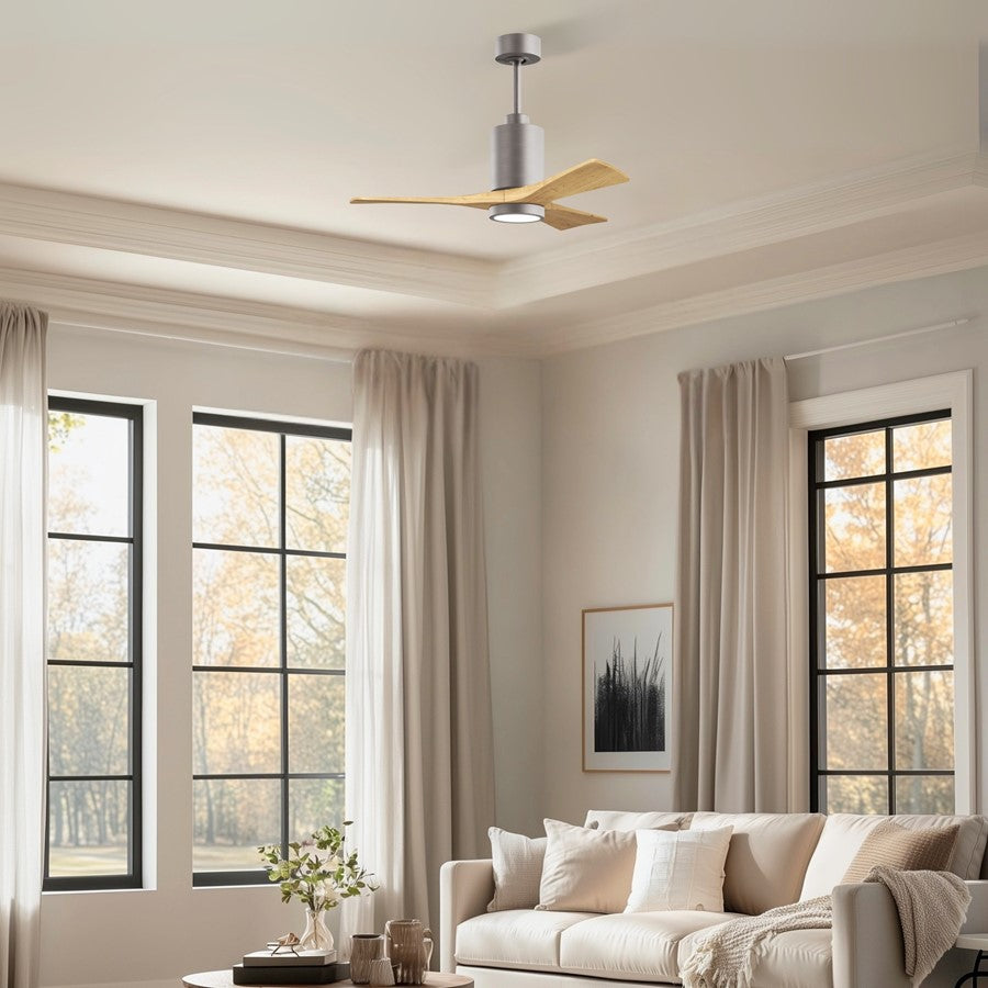 Matthews Fans Patricia-3 42in 3-Blade LED Ceiling Fan | Brushed Nickel and Light Maple Solid Wood | Bedrooms & Covered Patios | Model PA3-BN-LM-42