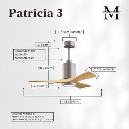 Matthews Fans Patricia-3 42in 3-Blade LED Ceiling Fan | Brushed Nickel and Light Maple Solid Wood | Bedrooms & Covered Patios | Model PA3-BN-LM-42