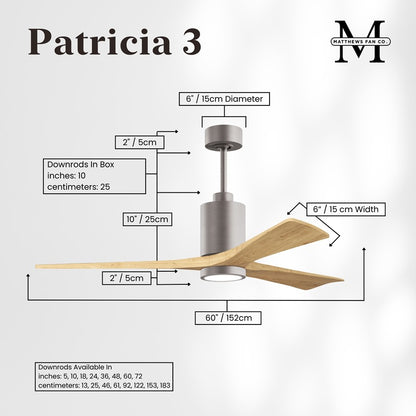 Matthews Fans Patricia-3 60in 3-Blade LED Ceiling Fan | Brushed Nickel and Light Maple Solid Wood | Great Rooms & Covered Patios | Model PA3-BN-LM-60