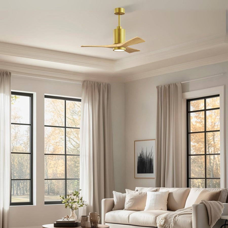 Matthews Fan Patricia-3 42in 3-Blade LED Ceiling Fan | Contemporary Brushed Brass and Light Maple Solid Wood | Bedrooms | Model PA3-BRBR-LM-42