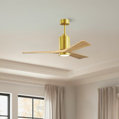 Matthews Fan Patricia-3 52in 3-Blade LED Ceiling Fan | Contemporary Brushed Brass and Light Maple Solid Wood | Living Rooms | Model PA3-BRBR-LM-52