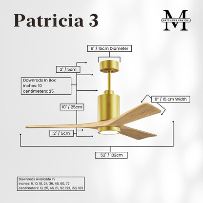 Matthews Fan Patricia-3 52in 3-Blade LED Ceiling Fan | Contemporary Brushed Brass and Light Maple Solid Wood | Living Rooms | Model PA3-BRBR-LM-52