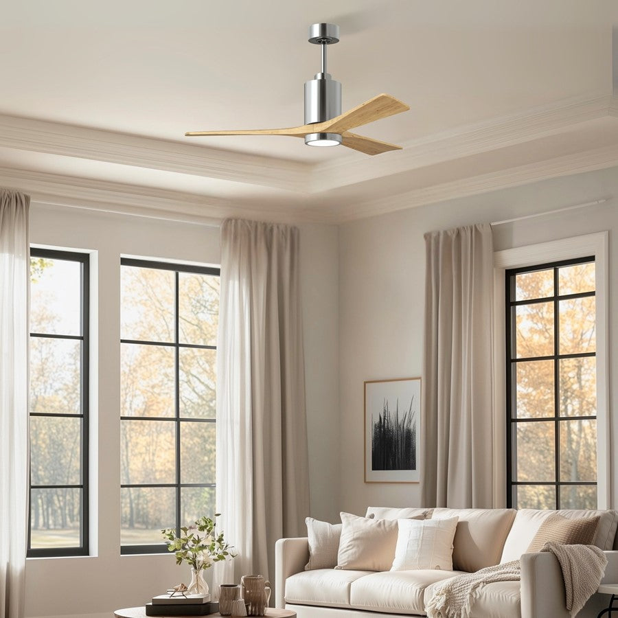 Matthews Fans Patricia 3 52in 1-Light LED Ceiling Fan | Polished Chrome and Light Maple Solid Wood | Living Rooms & Covered | Model PA3-CR-LM-52
