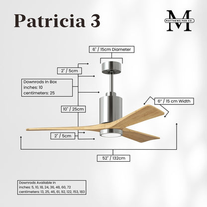Matthews Fans Patricia 3 52in 1-Light LED Ceiling Fan | Polished Chrome and Light Maple Solid Wood | Living Rooms & Covered | Model PA3-CR-LM-52