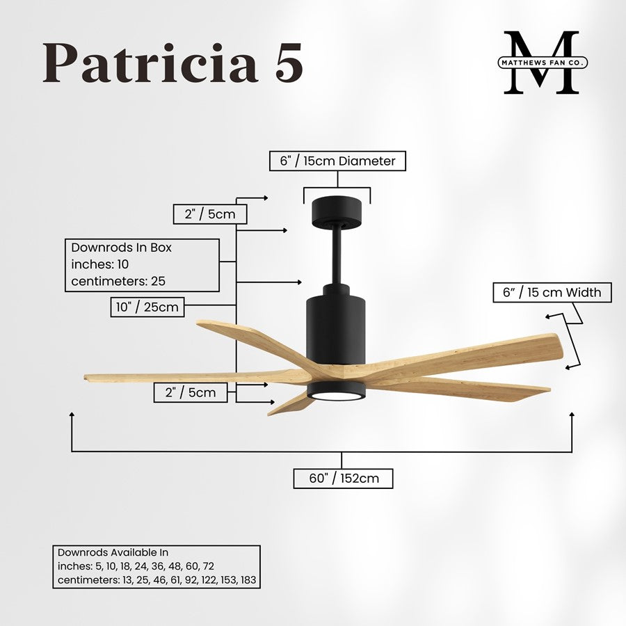 Matthews Fans Patricia-5 60in 5-Blade Ceiling Fan | Contemporary Matte Black and Light Maple Tone Solid Wood Blades | Covered | Model PA5-BK-LM-60