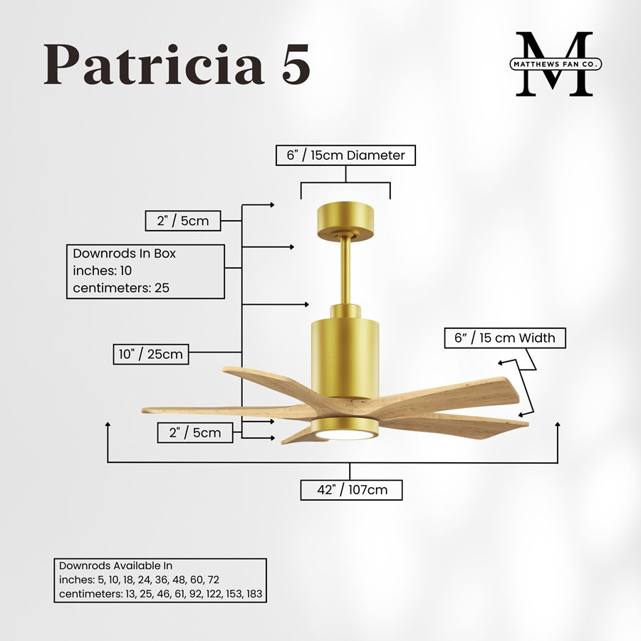 Matthews Fans Patricia-5 42in 5-Blade LED Ceiling Fan | Brushed Brass and Light Maple Solid Wood | Bedroom & Home Office | Model PA5-BRBR-LM-42