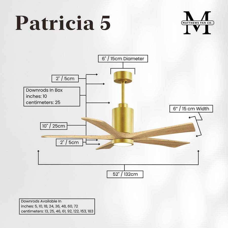 Matthews Fans Patricia-5 52in 5-Blade LED Ceiling Fan | Brushed Brass and Light Maple Solid Wood | Living Room & Bedroom | Model PA5-BRBR-LM-52