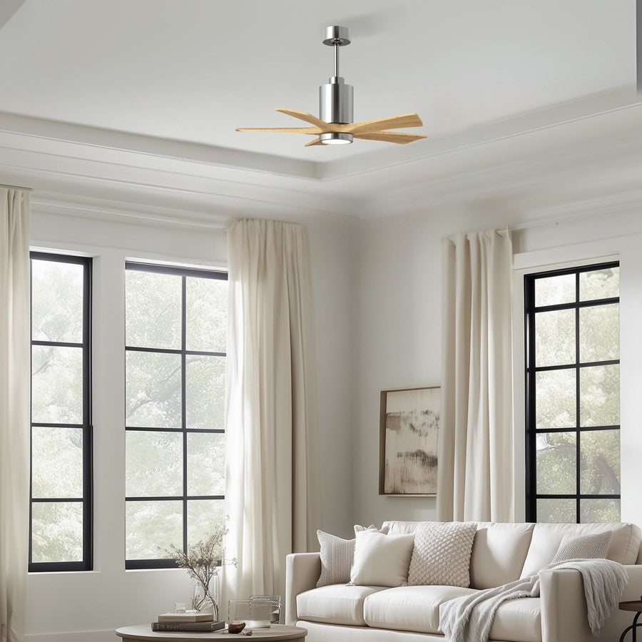 Matthews Patricia 5 42in LED Ceiling Fan | Polished Chrome and Light Maple Wood Blades | Bedroom & Home Office | 42 x 42 x 14 in | Model PA5-CR-LM-42