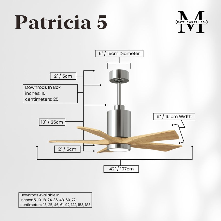 Matthews Patricia 5 42in LED Ceiling Fan | Polished Chrome and Light Maple Wood Blades | Bedroom & Home Office | 42 x 42 x 14 in | Model PA5-CR-LM-42